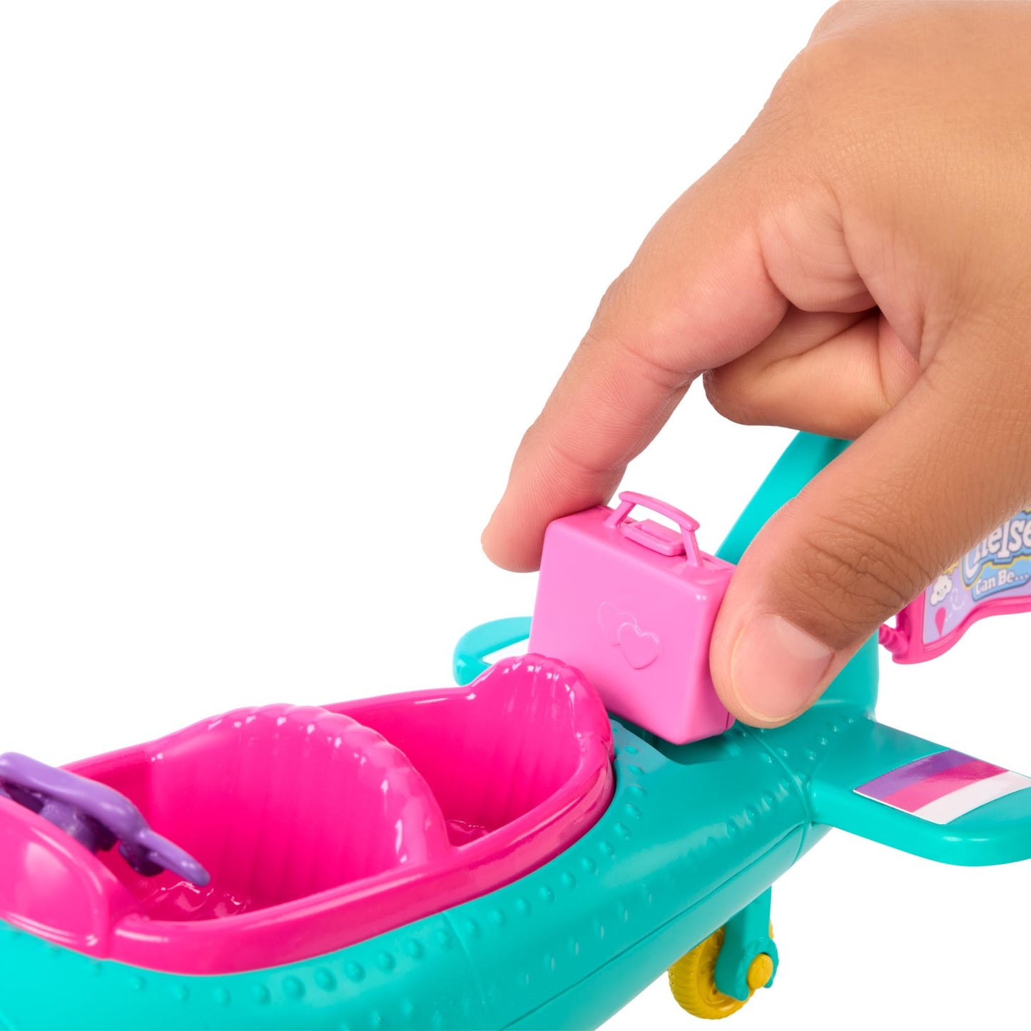 Barbie Chelsea Can Be doll and 2-seater plane playset with spinning propeller, puppy, stickers, and seven accessories.