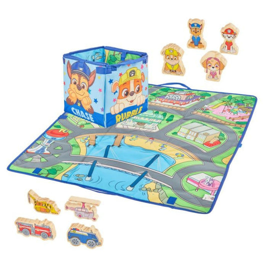 Paw Patrol 2-in-1 Playmat Storage Box with 8 Wooden Characters & Vehicles - Foldable 75cm Playmat & Toy Storage Bag featuring Chase, Rubble, Skye & Marshall - Compact Children's Activity Set