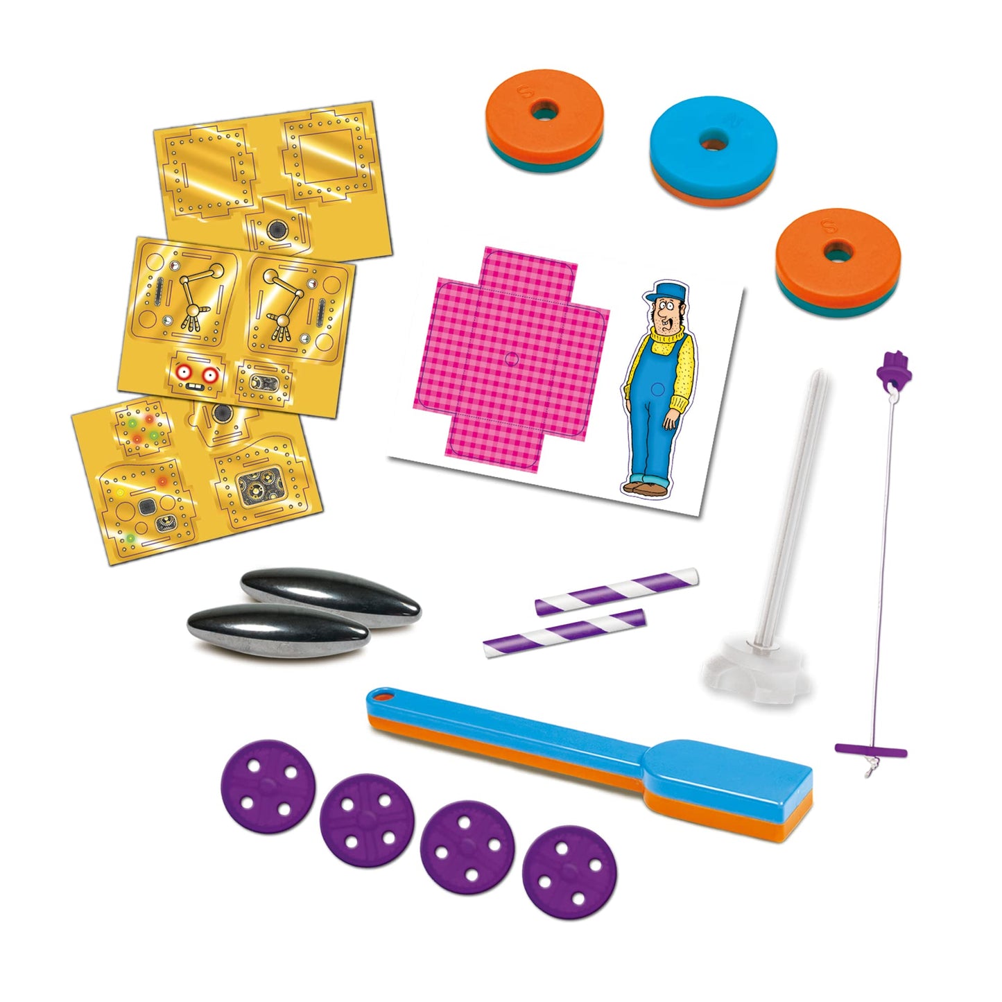 Galt Mighty Magnets Science Kit for kids showing colorful magnets, robot parts, and science experiment tools for hands-on physics play.