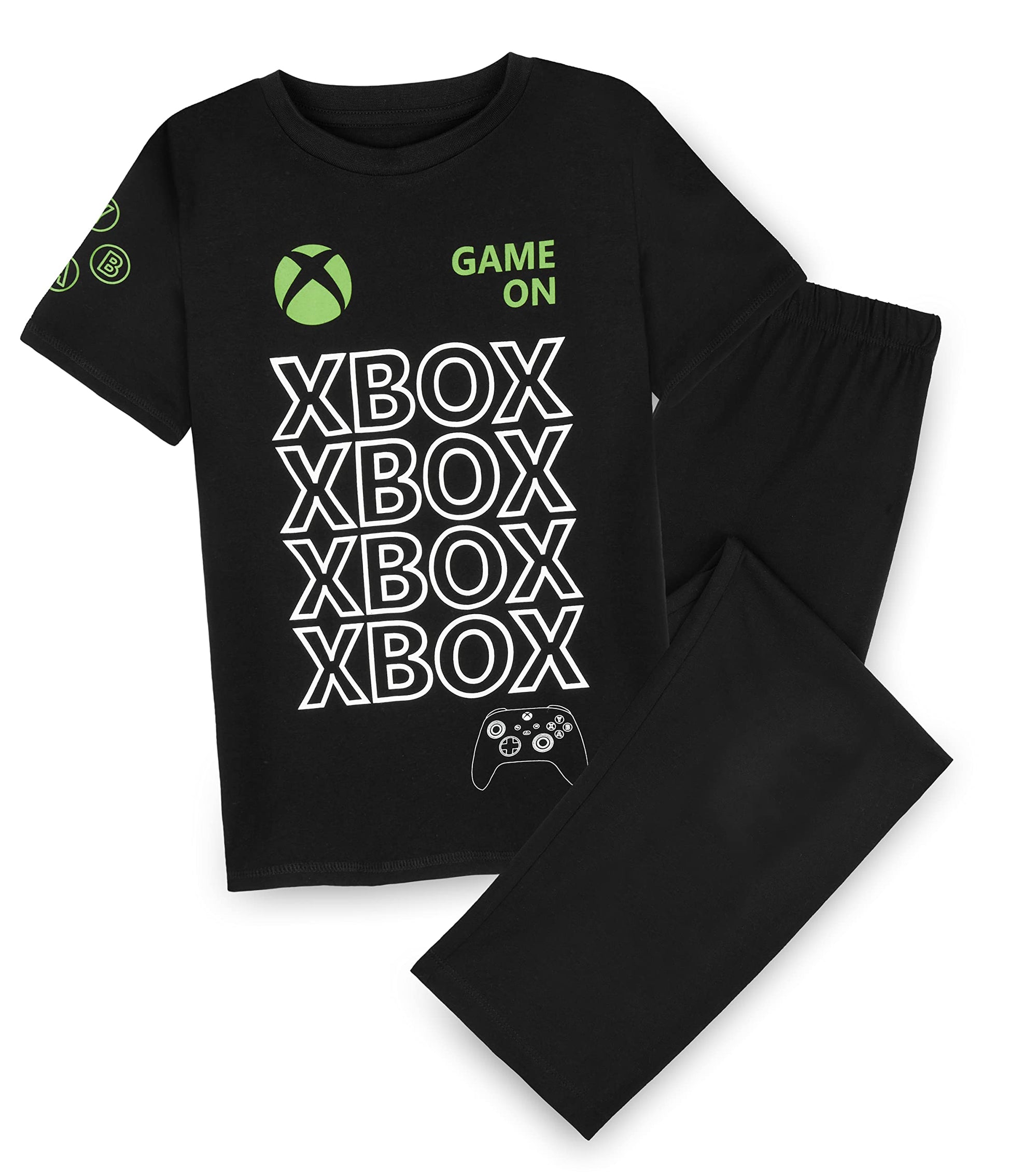 Black Xbox boys' gaming pyjamas for kids, featuring gaming graphics, suitable for 15-year-old gamers, comfortable sleepwear.