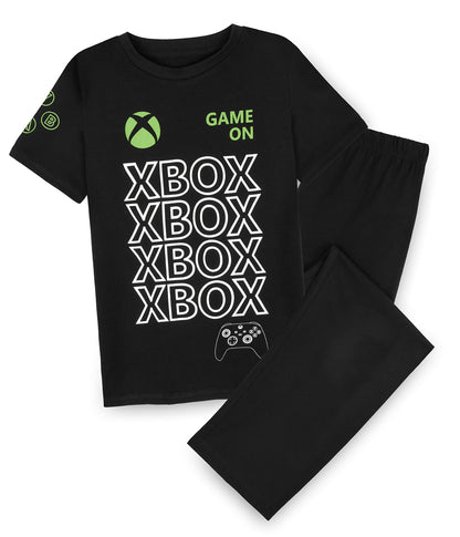 Black Xbox boys' gaming pyjamas for kids, featuring gaming graphics, suitable for 15-year-old gamers, comfortable sleepwear.