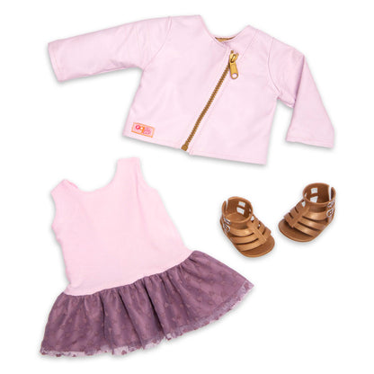 Our Generation Vienna 46cm fashion doll with purple and pink outfit, including dress, faux-leather jacket, undies, and sandals.