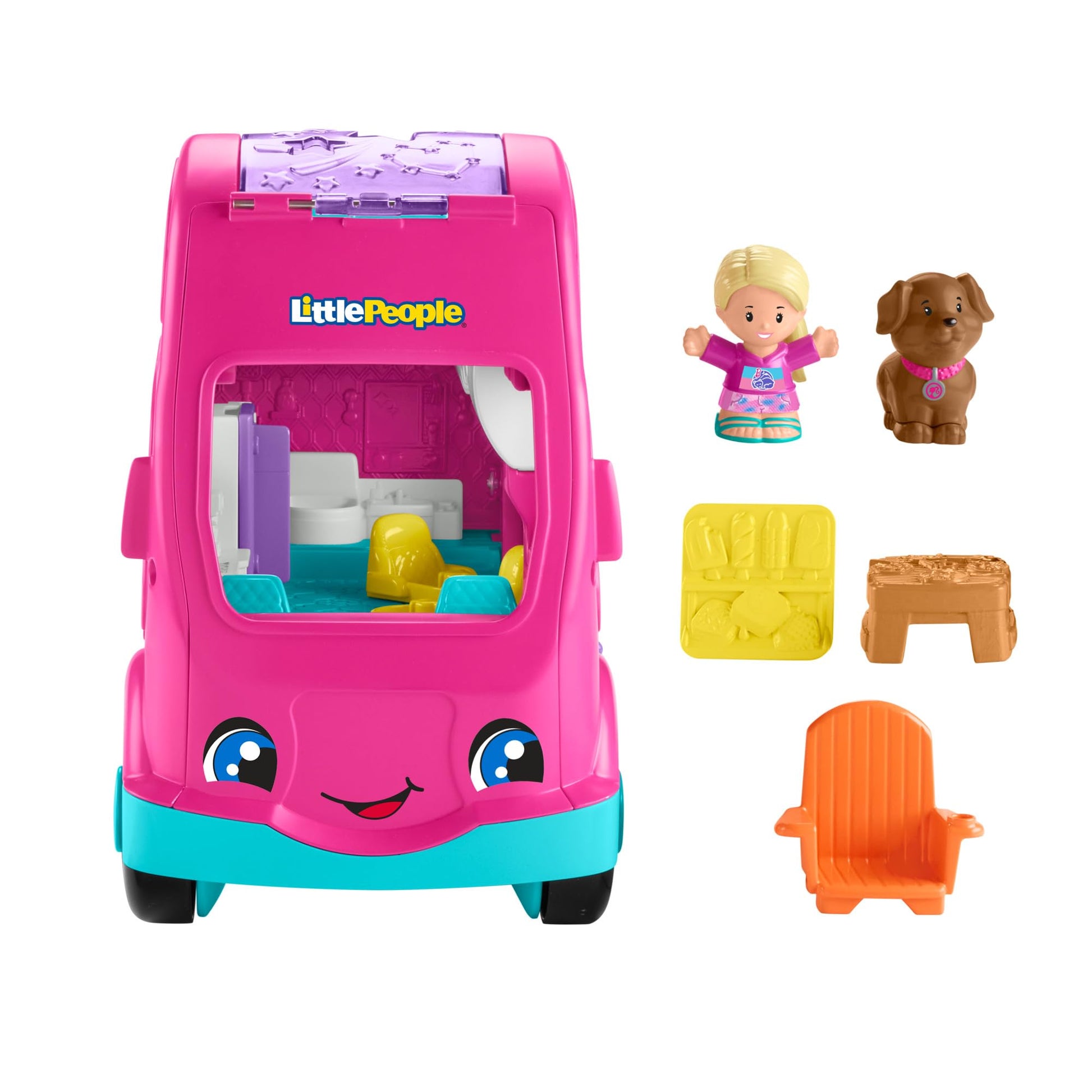 Fisher-Price Little People Barbie Little Dreamcamper RV playset with two figures, music, lights, and colorful details for toddlers