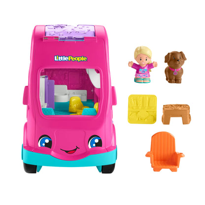 Fisher-Price Little People Barbie Little Dreamcamper RV playset with two figures, music, lights, and colorful details for toddlers