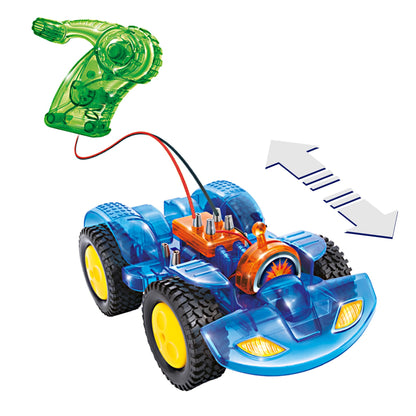 Science Mad DIY renewable energy electric car kit for kids, featuring solar panel and hand-powered generator, STEM toy for ages 8+.