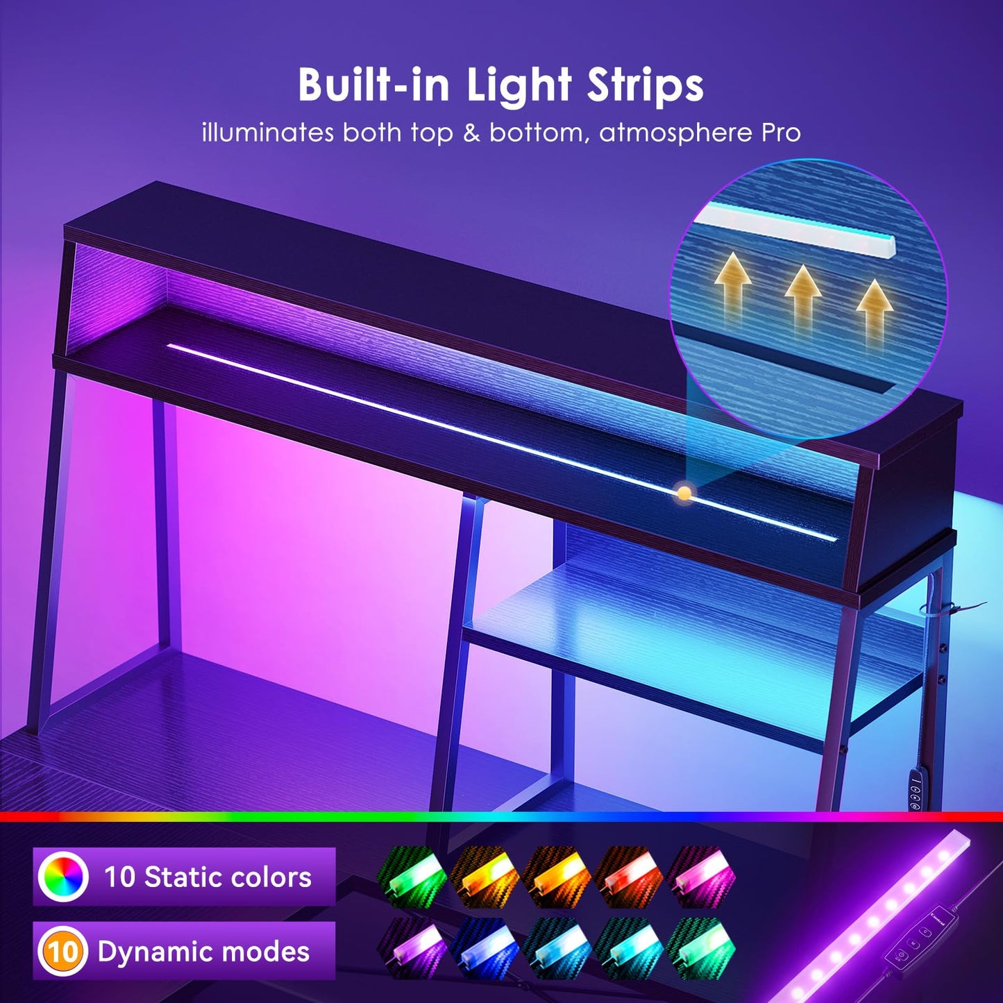 Coleshome L Shaped Gaming Desk with Led Lights, 130×100 cm Reversible Corner Computer Desk with Display Shelves, PC Gaming Table with Storage Bag Black