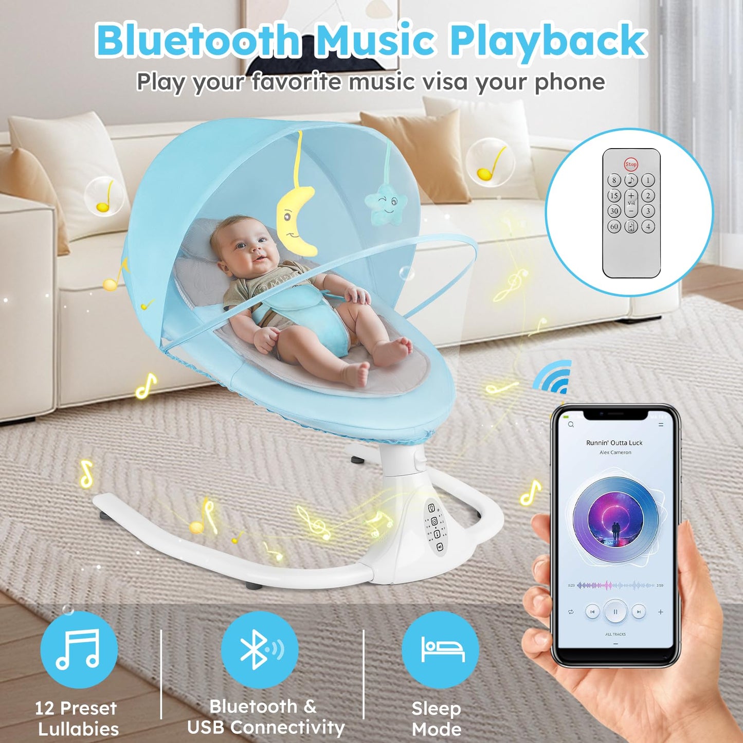 Blue electric baby swing chair by FineFizz with remote control, Bluetooth music, removable cushion, 4 speeds, and adjustable timer.
