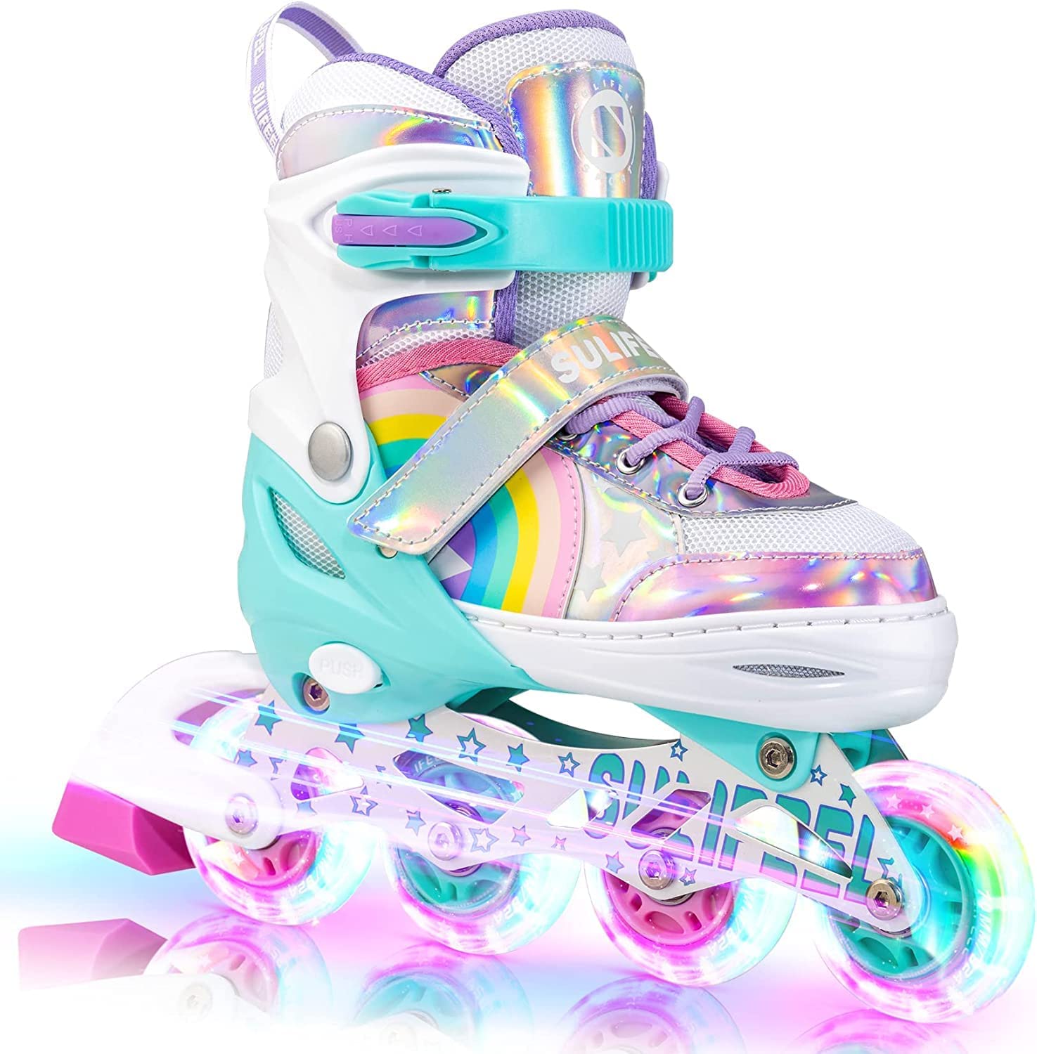 SULIFEEL adjustable kids inline skates with rainbow unicorn design, illuminated wheels, and secure straps for beginner skaters.