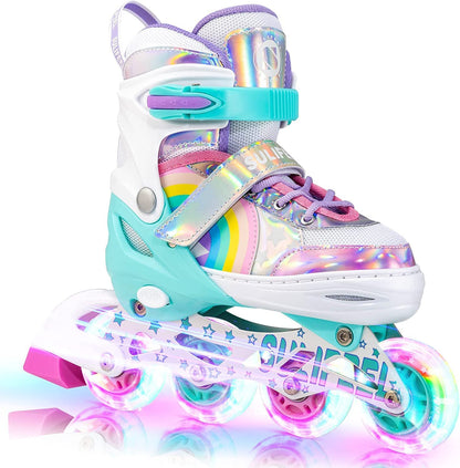 SULIFEEL adjustable kids inline skates with rainbow unicorn design, illuminated wheels, and secure straps for beginner skaters.