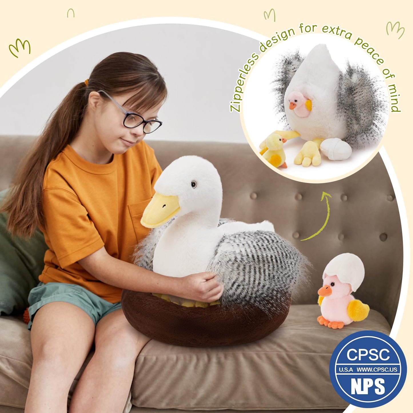 MorisMos Big Duck Teddy Soft Toy, 35cm Mom with Cuddly Ducklings Baby, Giant Fluffly Duck Stuffed Animal Realistic Kawaii Plush Gift for Kids Birthday Deco