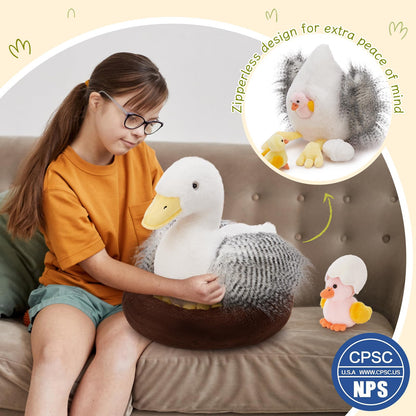 MorisMos Big Duck Teddy Soft Toy, 35cm Mom with Cuddly Ducklings Baby, Giant Fluffly Duck Stuffed Animal Realistic Kawaii Plush Gift for Kids Birthday Deco