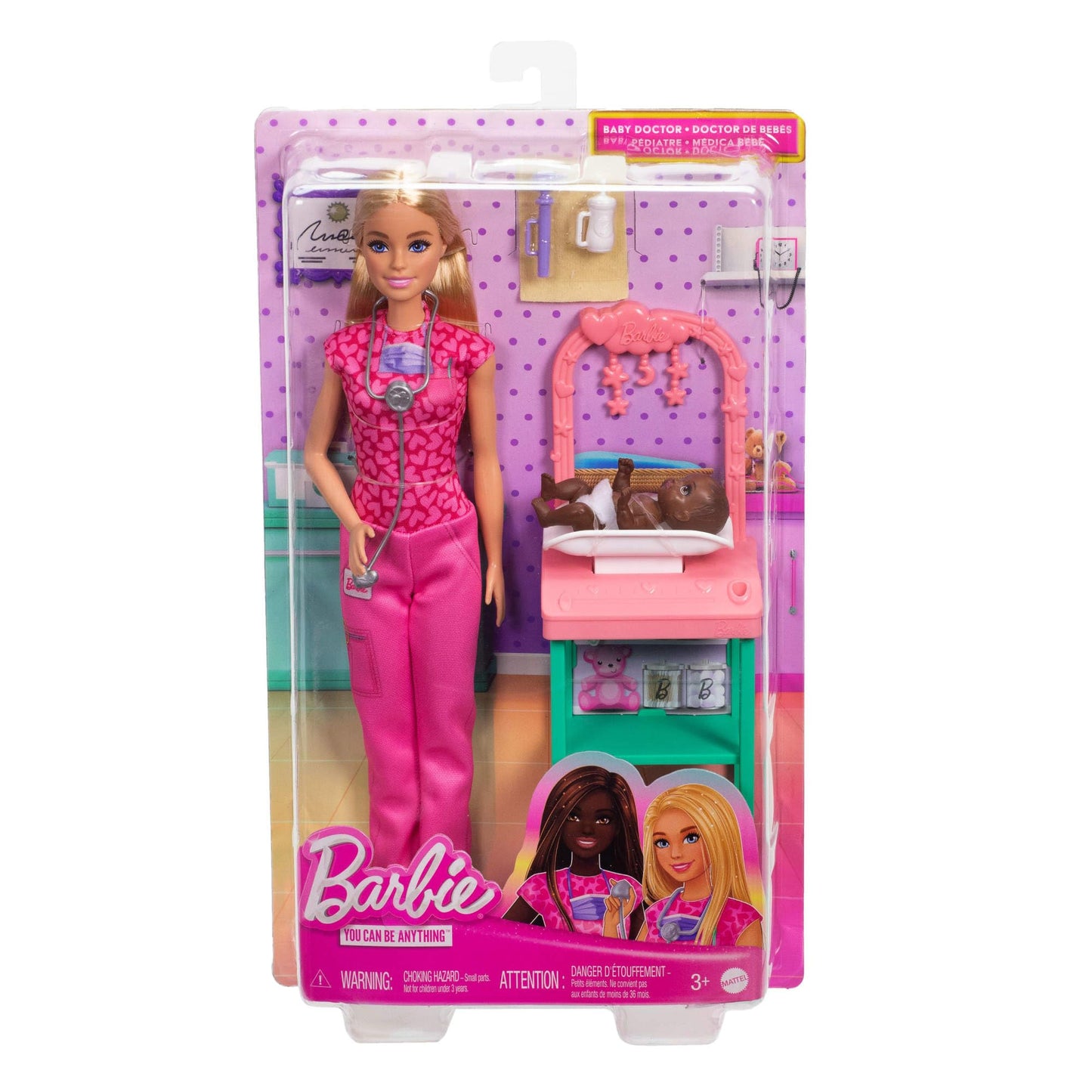 Barbie Baby Doctor doll with blonde hair in pink scrubs, includes baby accessories and furniture for imaginative play.