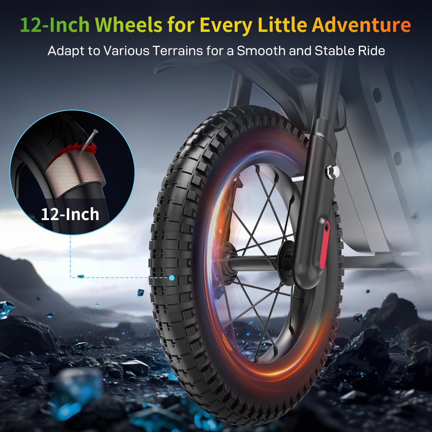 Kids riding the EVERCROSS EV05M electric motorcycle, 12-inch motocross bike with 150W motor and adjustable speed modes for children.