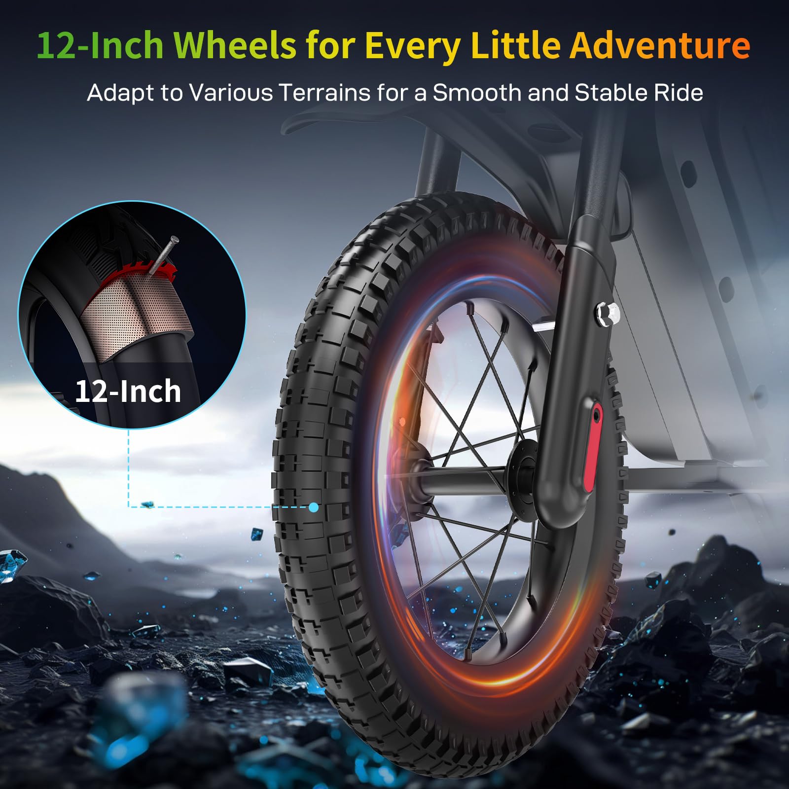 Kids riding the EVERCROSS EV05M electric motorcycle, 12-inch motocross bike with 150W motor and adjustable speed modes for children.