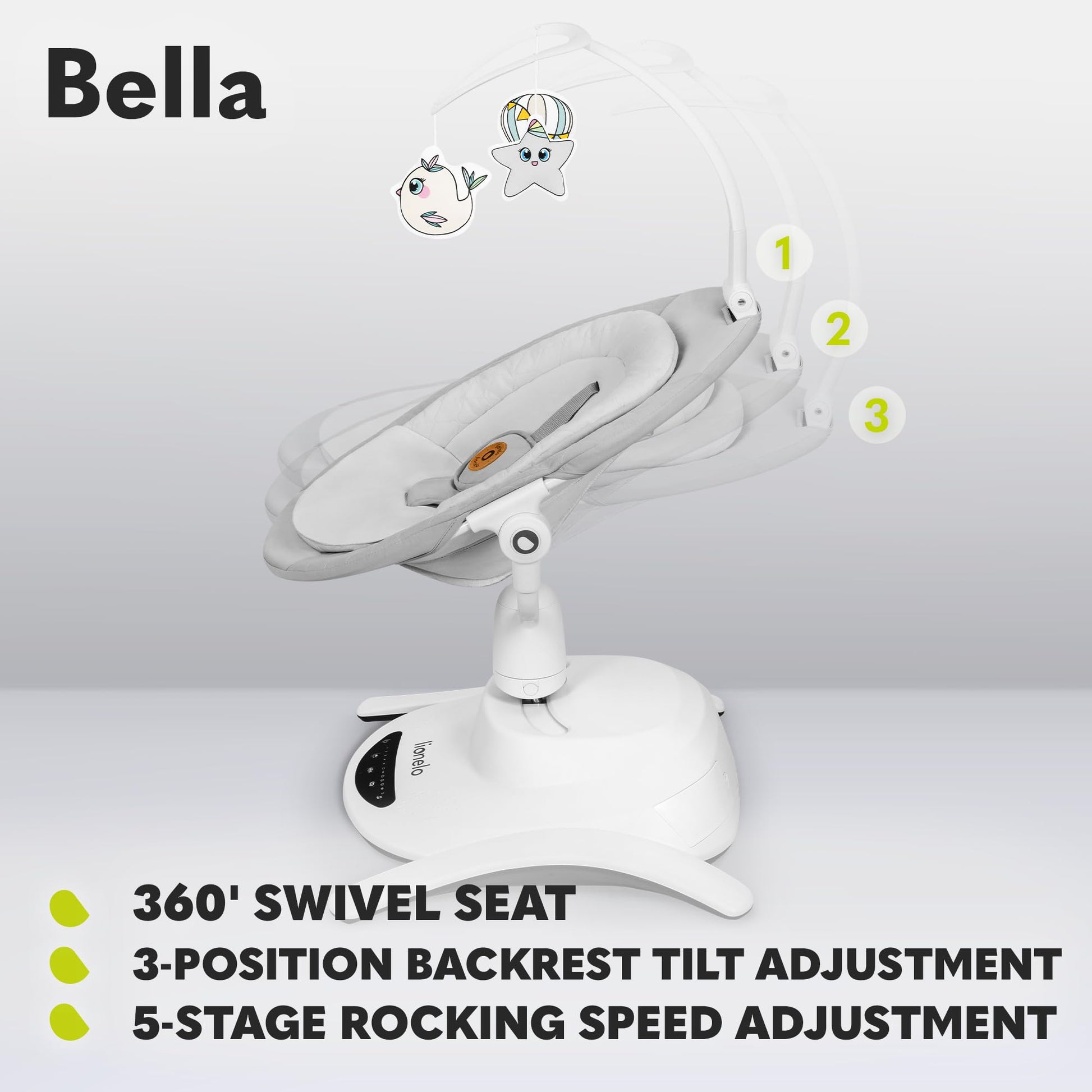 Lionelo Bella electric baby bouncer with 360° seat, multiple swing motions, melodies, adjustable backrest, safety harness, and remote control