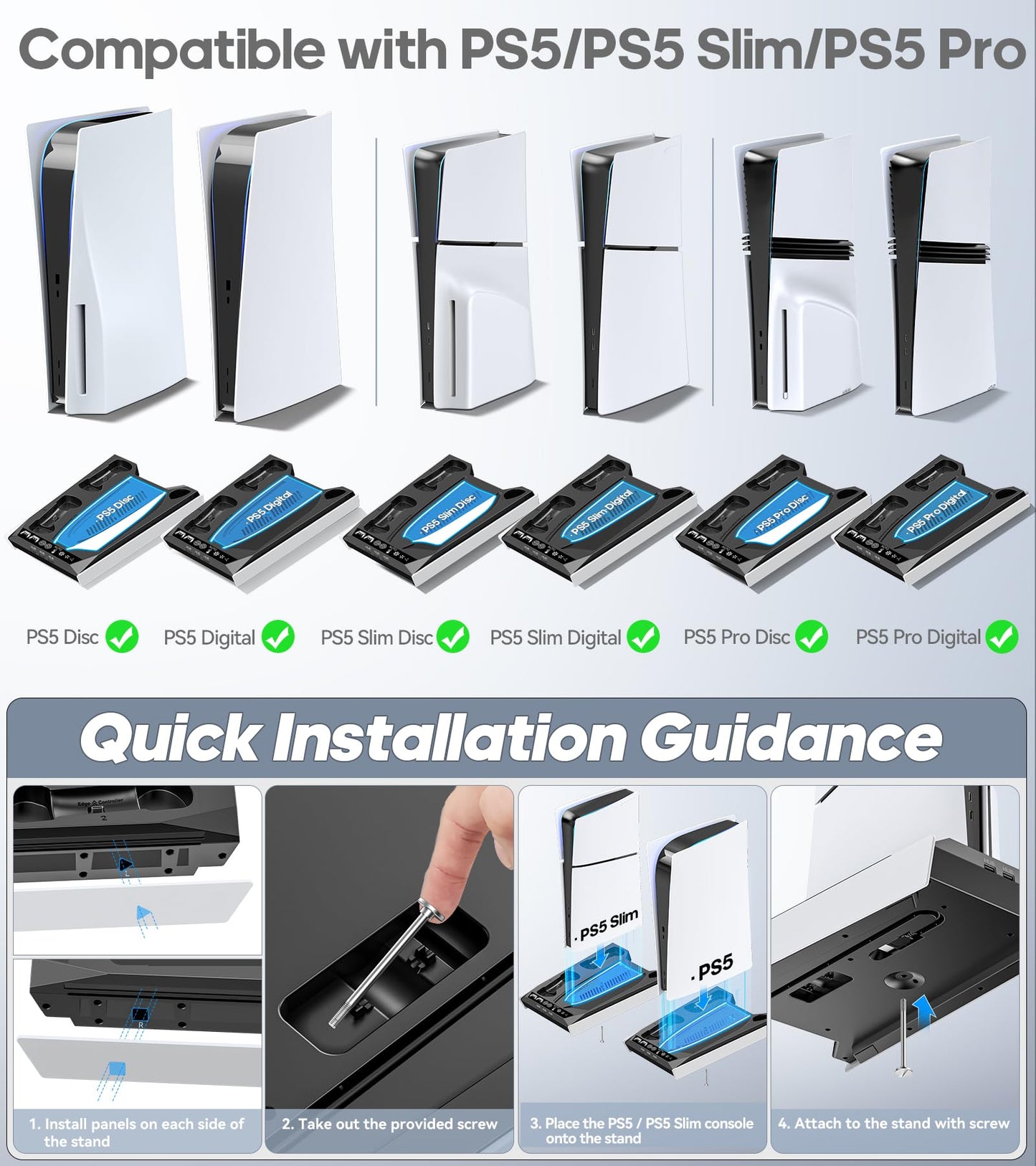 Rysker PS5 stand with cooling fan, charging station for PS5 and Edge controllers, featuring three charging ports and adjustable fan levels.