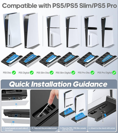 Rysker PS5 stand with cooling fan, charging station for PS5 and Edge controllers, featuring three charging ports and adjustable fan levels.