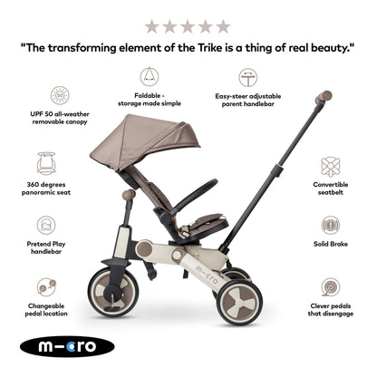 Micro FlexiTrike foldable toddler tricycle in latte brown with parent handle and 360-degree rotating feature.