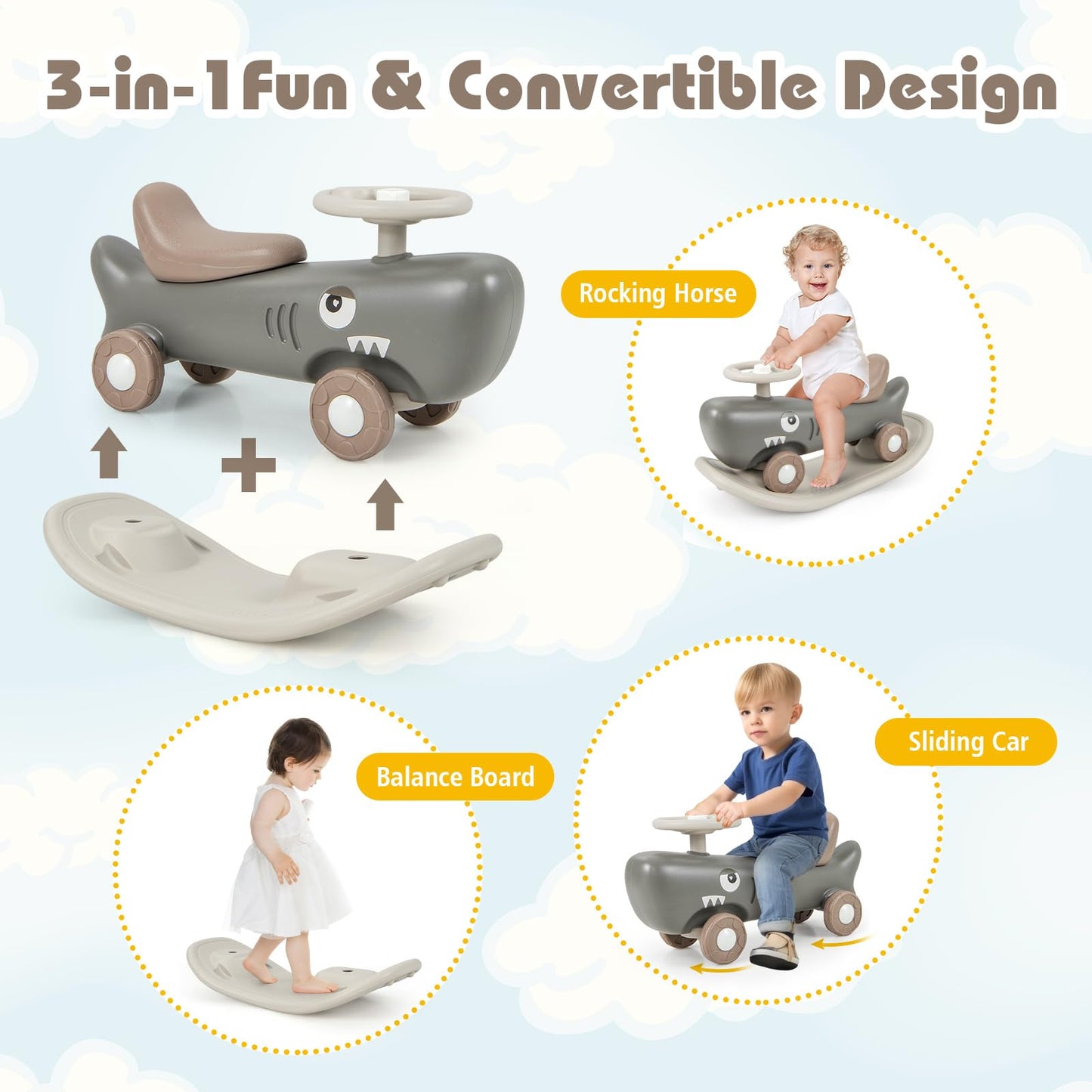 GYMAX Kids Rocking Horse, 3 in 1 Toddler Ride On Car with Detachable Balance Board & Anti-slip EVA Strips, Foot to Floor Sliding Car Indoor Rocking Toy for Boys Girls (Dark Gray)