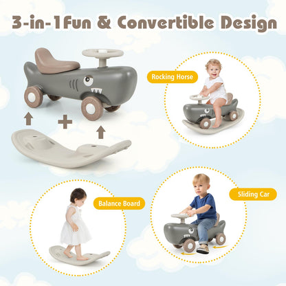 GYMAX Kids Rocking Horse, 3 in 1 Toddler Ride On Car with Detachable Balance Board & Anti-slip EVA Strips, Foot to Floor Sliding Car Indoor Rocking Toy for Boys Girls (Dark Gray)