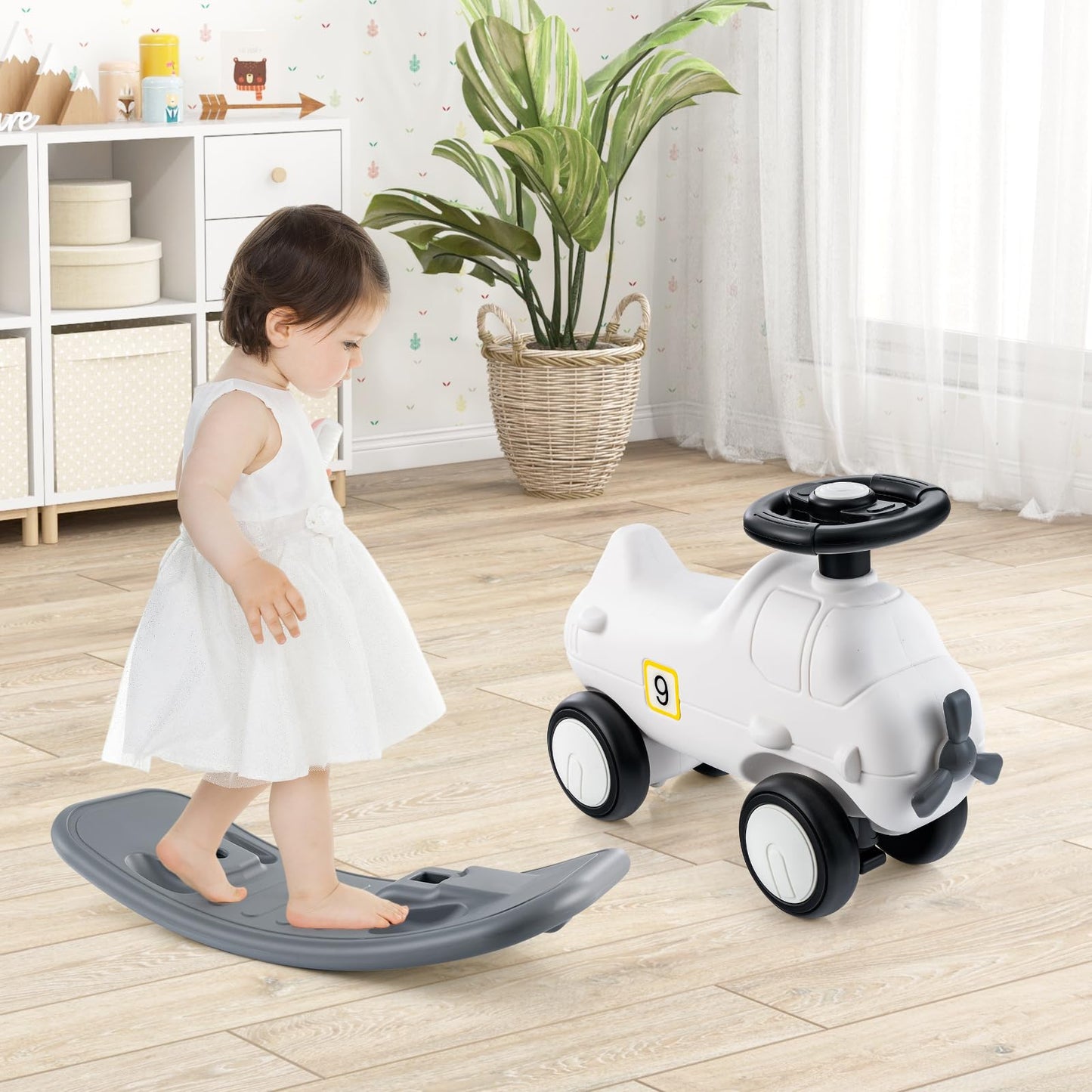 GYMAX Kids Rocking Horse, 3 in 1 Toddler Ride On Car with Detachable Balance Board, Foot to Floor Sliding Car Indoor Rocking Toy for 18-72 Months Boys Girls (White + Grey)