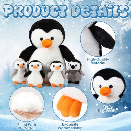Harrycle 5 Pcs Stuffed Animal Penguin Plush Toy Set 14 Inch Mommy Penguin Stuffed Animal with 4 Cute Babies in Zippered Belly Soft Cuddly Plushie for Kids Gifts(Lovely Style)