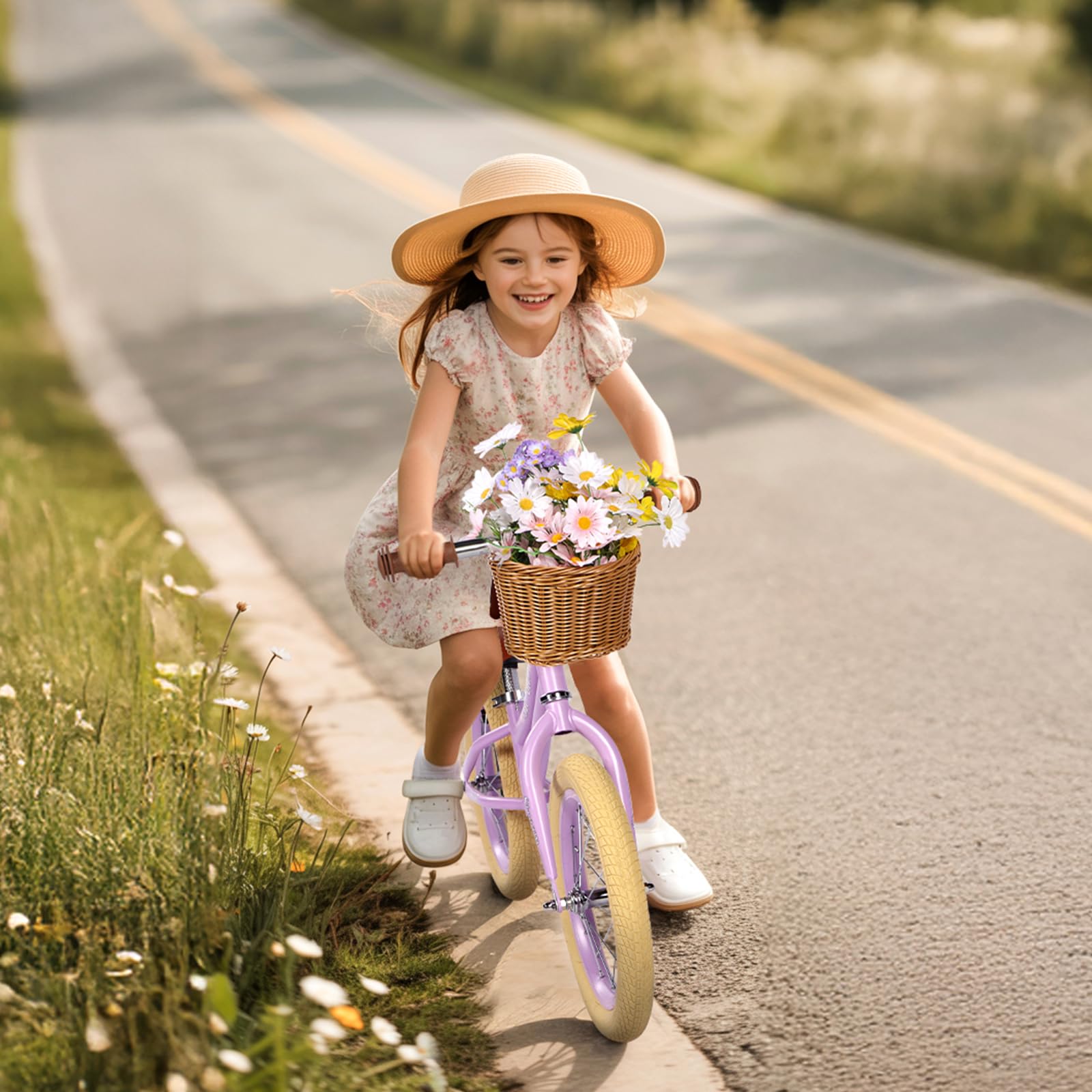 Light purple 14-inch Hello-5ive kids' balance bike with removable basket, lightweight carbon steel frame, pneumatic tires, suitable for ages 3-6.