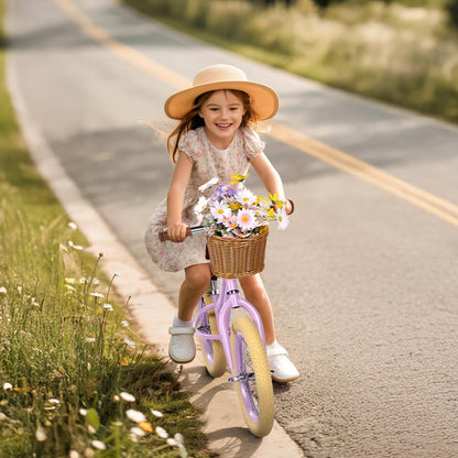 Light purple 14-inch Hello-5ive kids' balance bike with removable basket, lightweight carbon steel frame, pneumatic tires, suitable for ages 3-6.