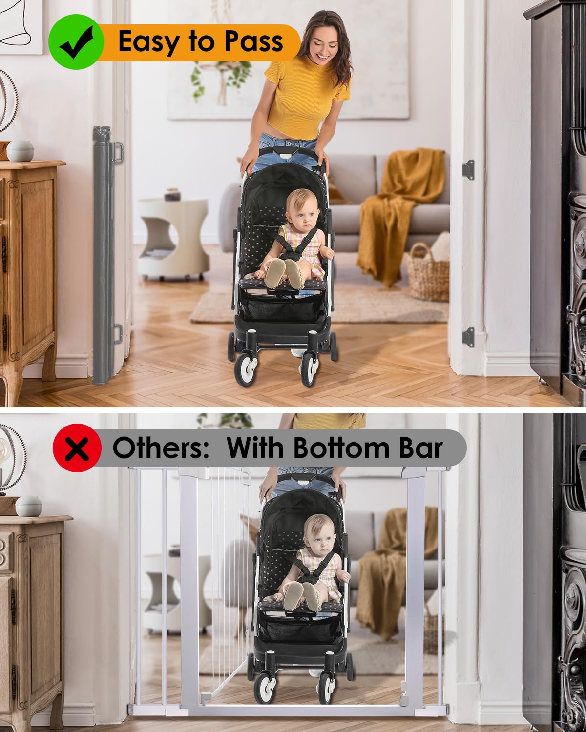 derimkcoa retractable mesh baby and dog gate, 86cm tall, extends to 140cm wide, grey safety gate for doorways and stairs