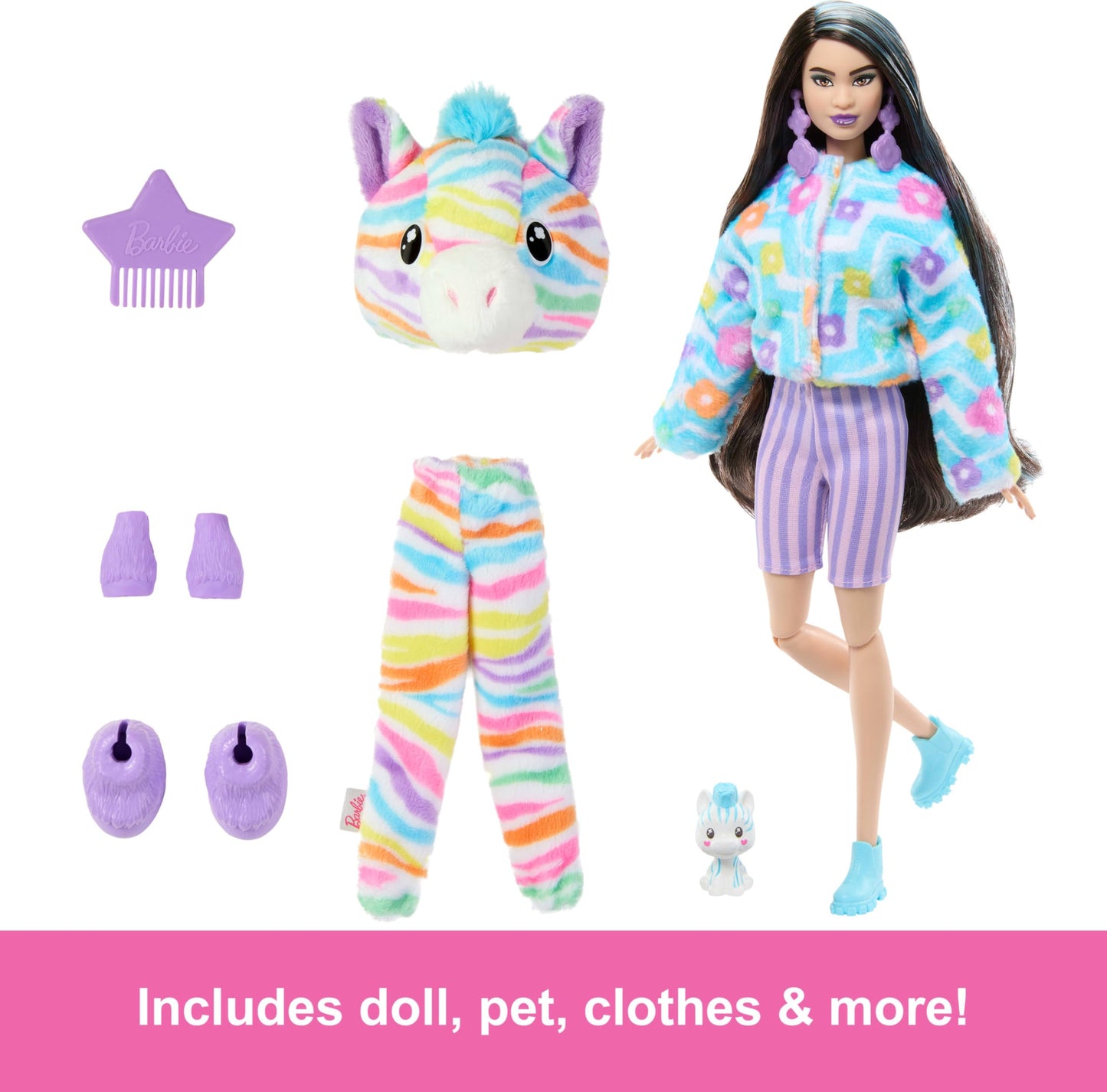 Barbie Cutie Reveal Doll with rainbow zebra plush costume, accessories, and 10 surprises including color change features.