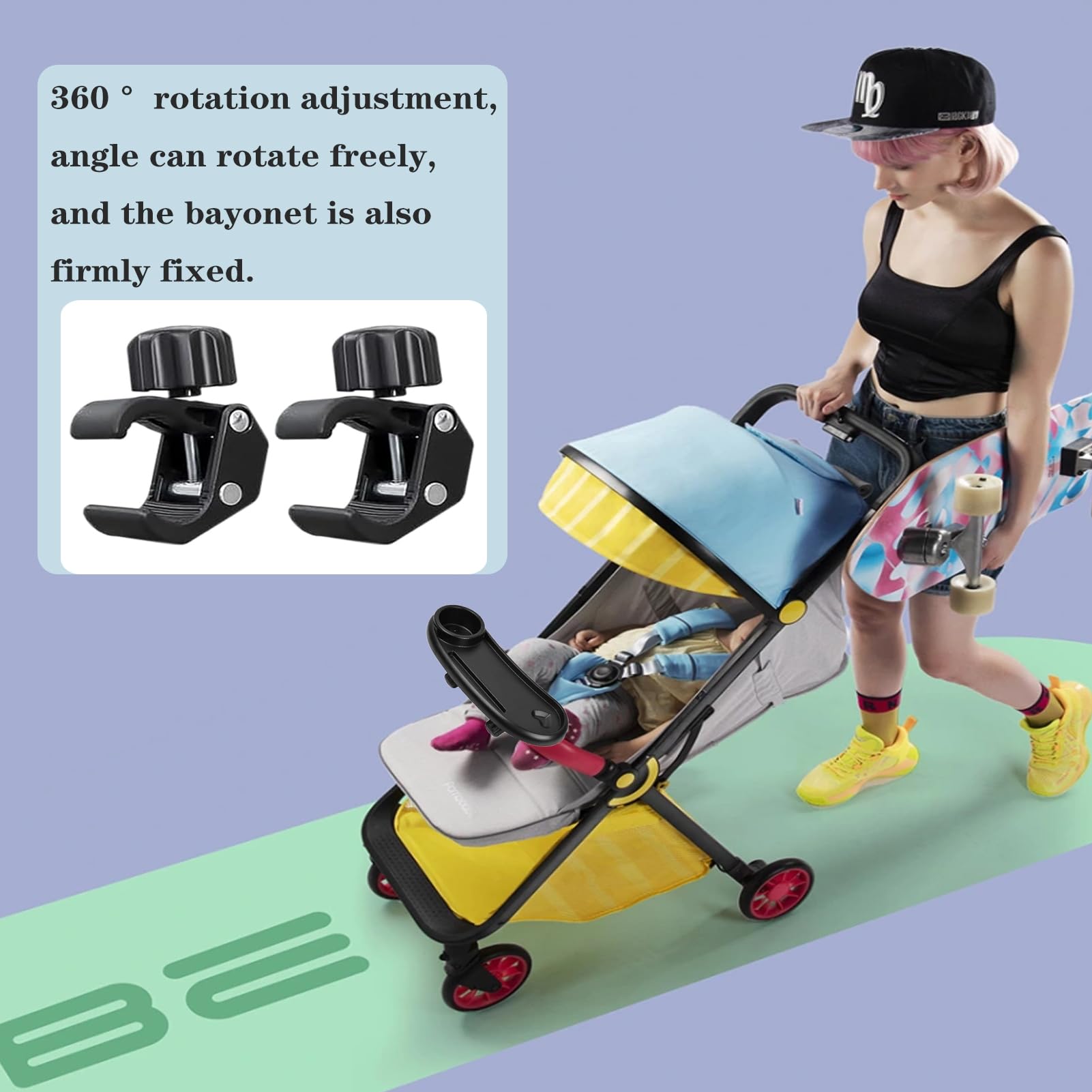 DeJivsin 3-in-1 black stroller snack tray with cup holder, adjustable buckle for pushchair or pram accessories, multifunctional design