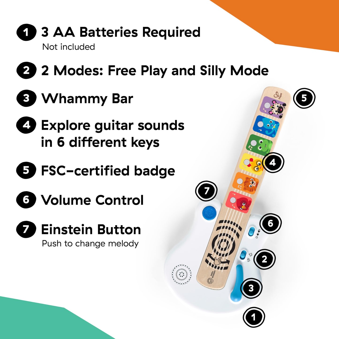 Baby Einstein Strum Along Songs wooden musical toy guitar with light-up buttons and whammy bar for babies 6 months and older.