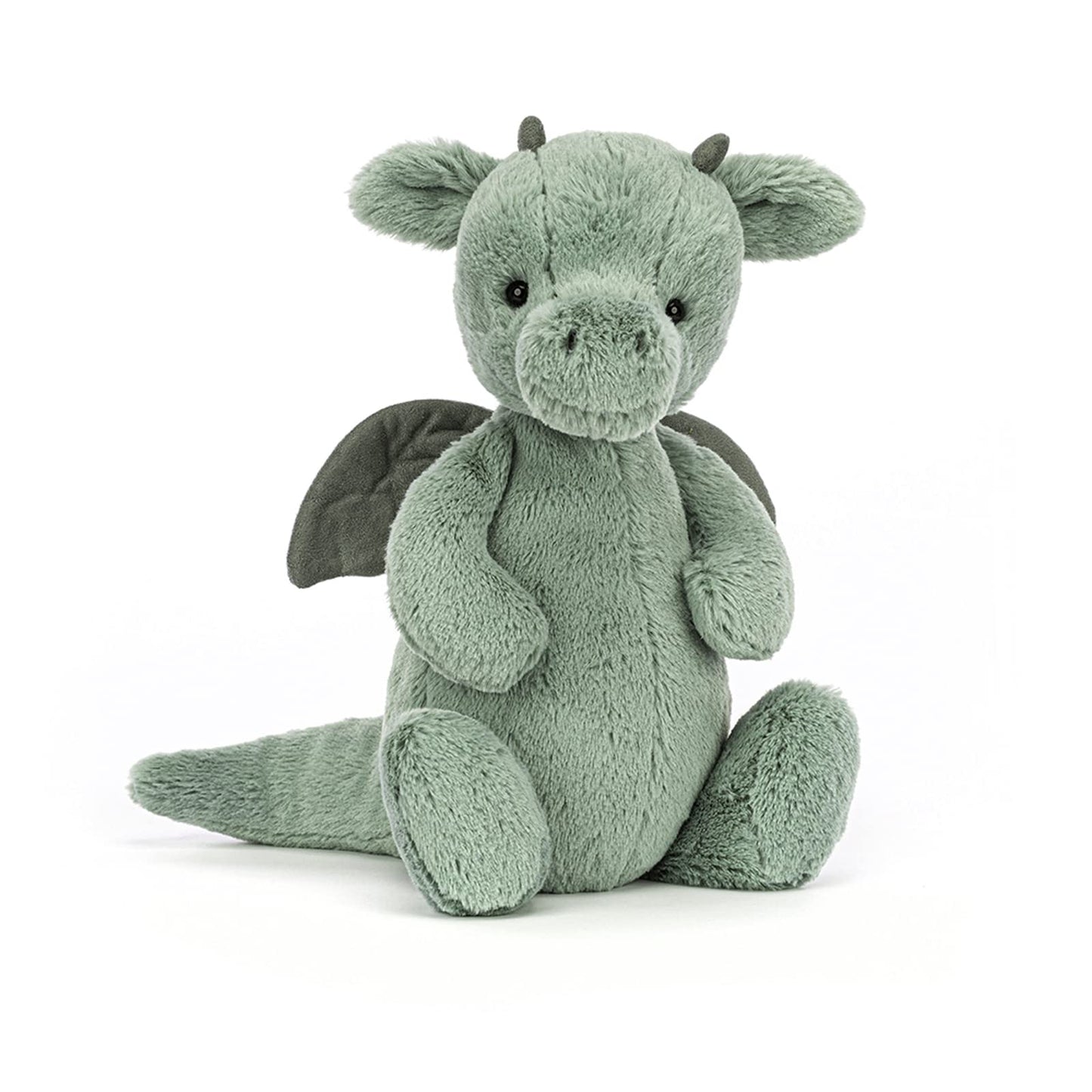 Medium Bashful Green Dragon plush toy by Jellycat, featuring soft fabric and cute, friendly expression.