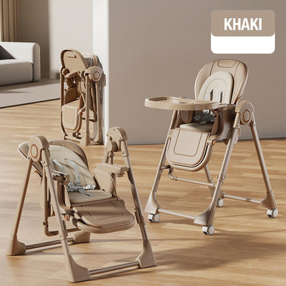 Magic ZC PU Leather Baby High Chair Toddler Feeding Dining Chair with Adjustable Heights and Positions Multifunctional Foldable Convertible with Detachable Double Trays and Wheels (X8121 Khaki)