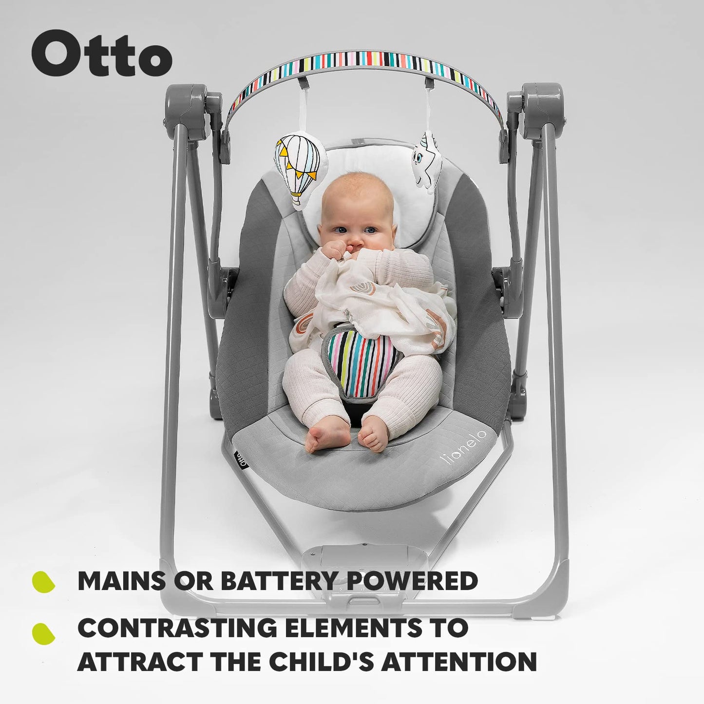 Lionelo LIONELO Baby Rocker OTTO with soft cushion, 5-speed electric swing, nature sounds, and 5-point harness for infants.