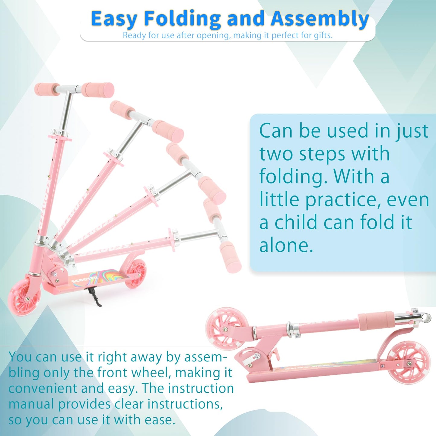 TENBOOM Scooter for Kids Ages 4-7, Boys & Girls - LED Light Up Wheels, 2-Wheel Kick Scooter with Adjustable Handlebar & Rear Brake, Candy Pink
