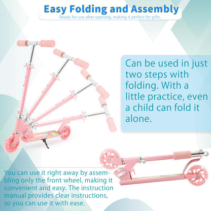 TENBOOM Scooter for Kids Ages 4-7, Boys & Girls - LED Light Up Wheels, 2-Wheel Kick Scooter with Adjustable Handlebar & Rear Brake, Candy Pink