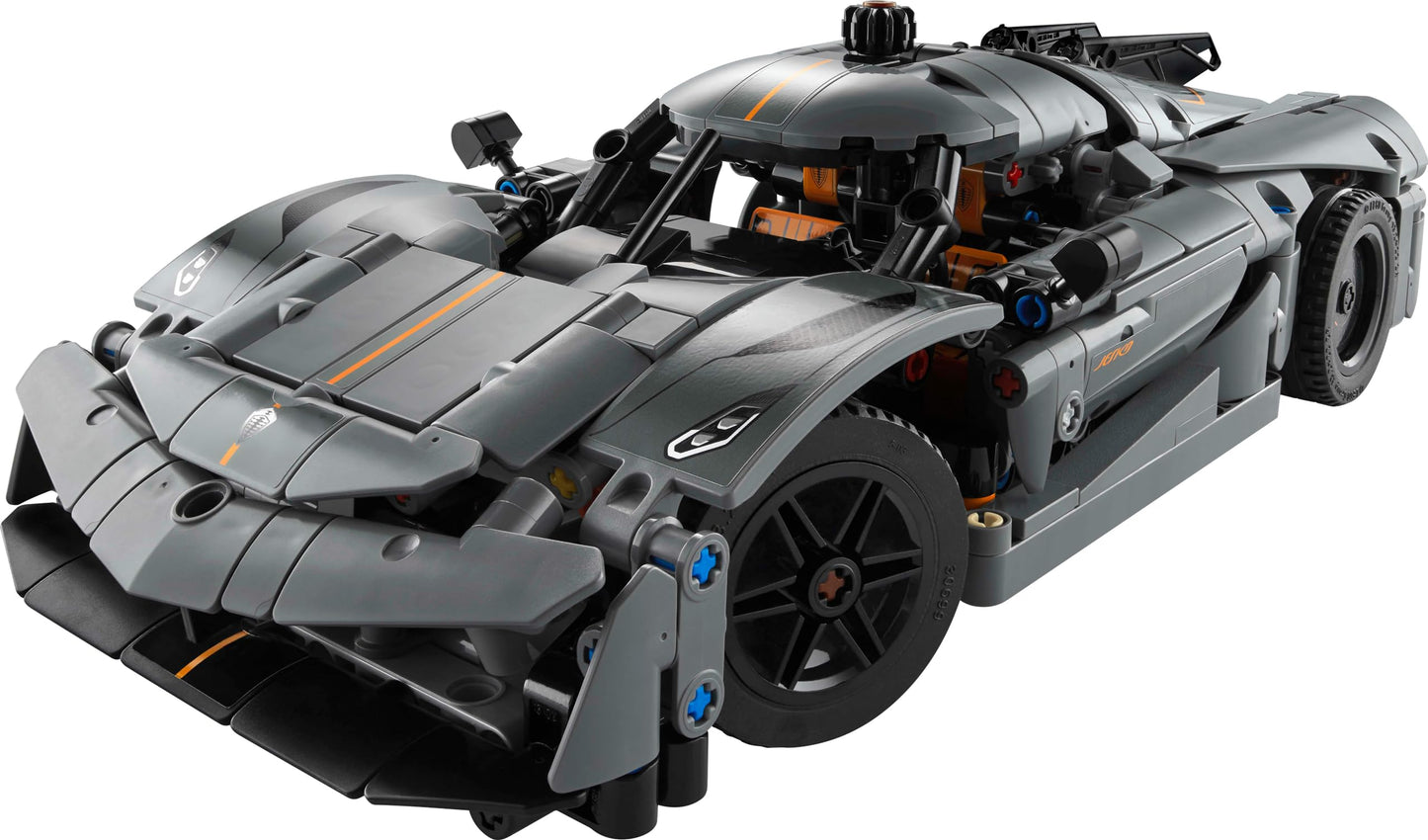LEGO Technic Koenigsegg Jesko Absolut grey hypercar model kit showcasing detailed design and buildable race car features.