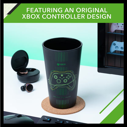 Paladone Xbox drinking glass with matte black and green finish, featuring original Xbox controller design, 400ml tumbler for cold drinks.
