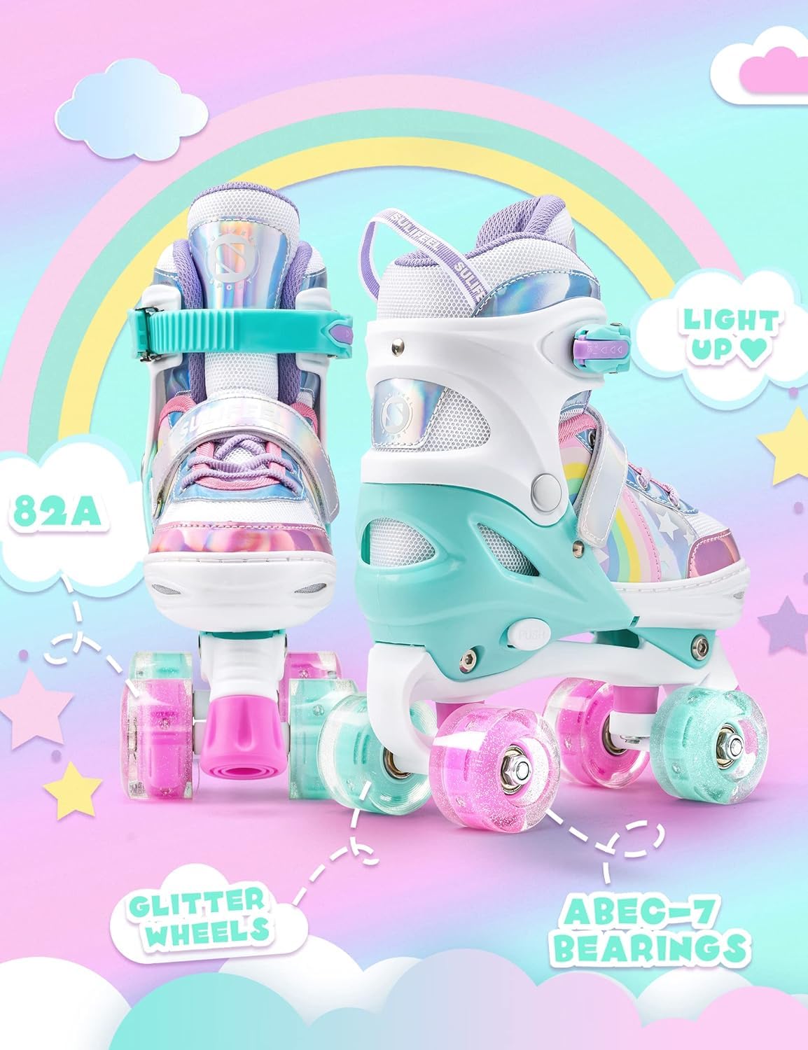 SULIFEEL Rainbow Unicorn light-up roller skates for kids, small size 9C-12C UK, featuring adjustable straps and colorful unicorn design
