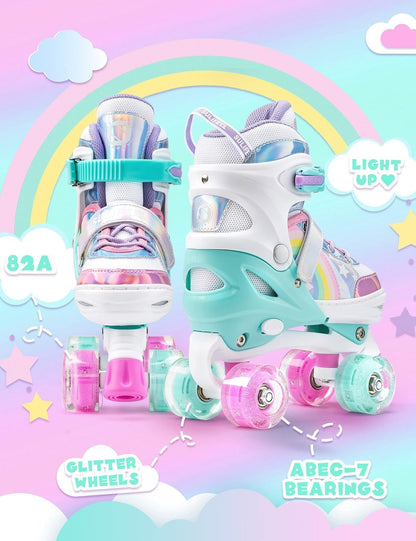 SULIFEEL Rainbow Unicorn light-up roller skates for kids, small size 9C-12C UK, featuring adjustable straps and colorful unicorn design