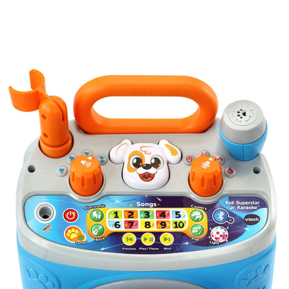VTech Kidi Superstar Jr. karaoke microphone with colorful buttons, designed for kids to sing along and have fun.