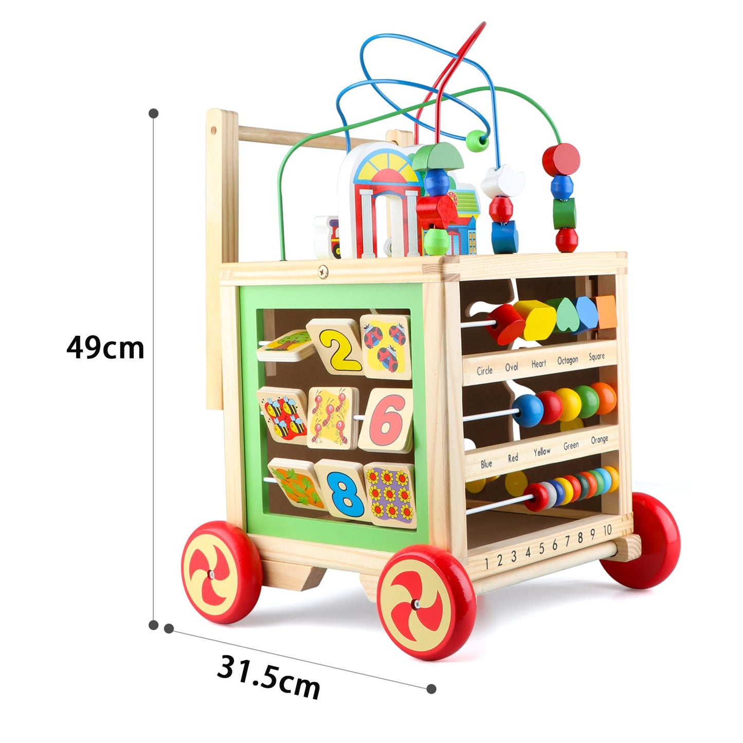 Wondertoys Wooden Activity Cube Center with colorful shapes, puzzles, and a baby push walker for educational play and learning.