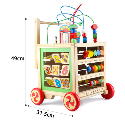 Wondertoys Wooden Activity Cube Center with colorful shapes, puzzles, and a baby push walker for educational play and learning.