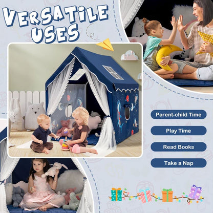 Blue COSTWAY kids play tent with windows and washable mat, indoor outdoor castle playhouse for boys and girls.