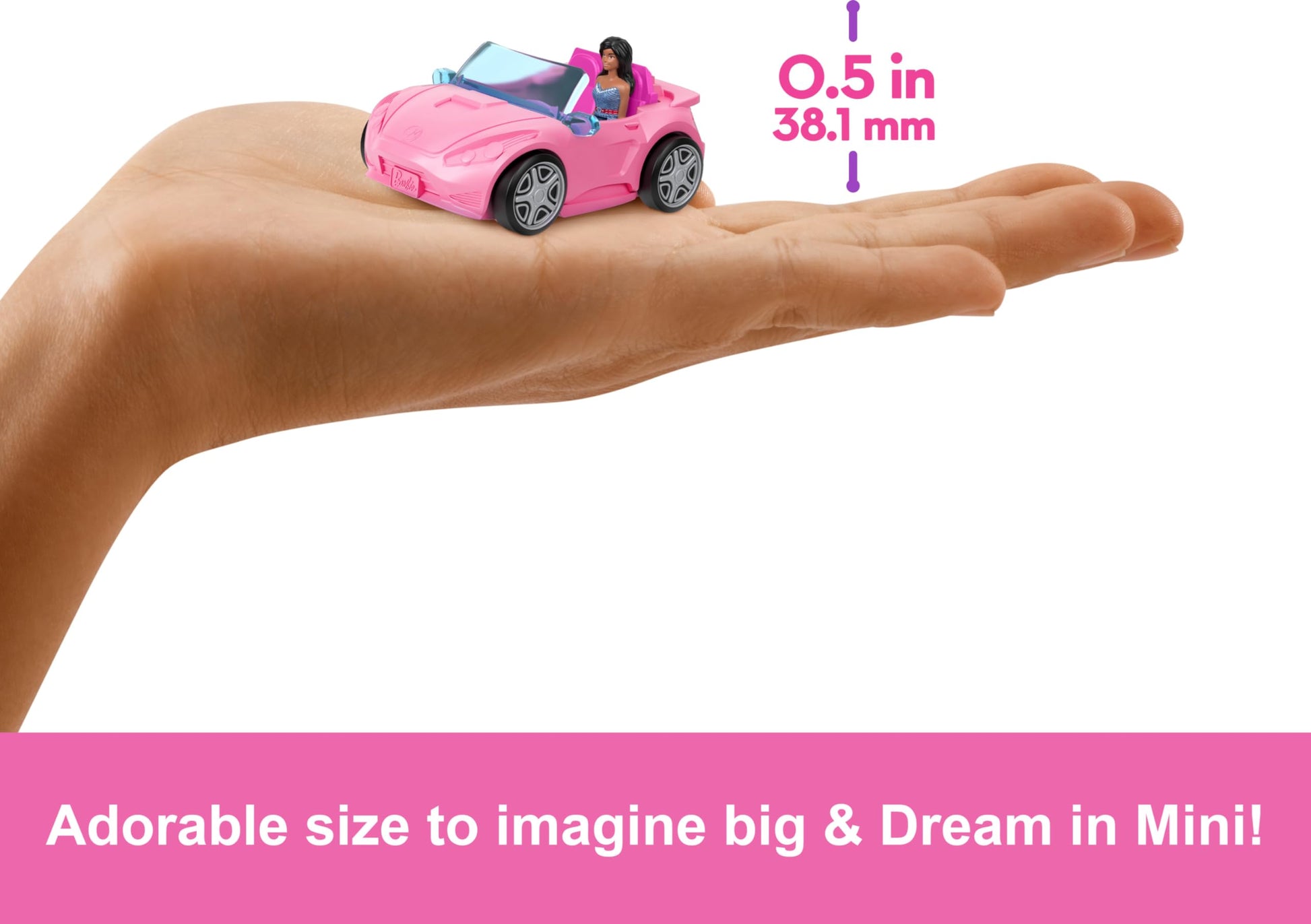 Mini BarbieLand doll and convertible car set with street sign; includes 1.5-inch Barbie doll and color-change vehicle accessory.