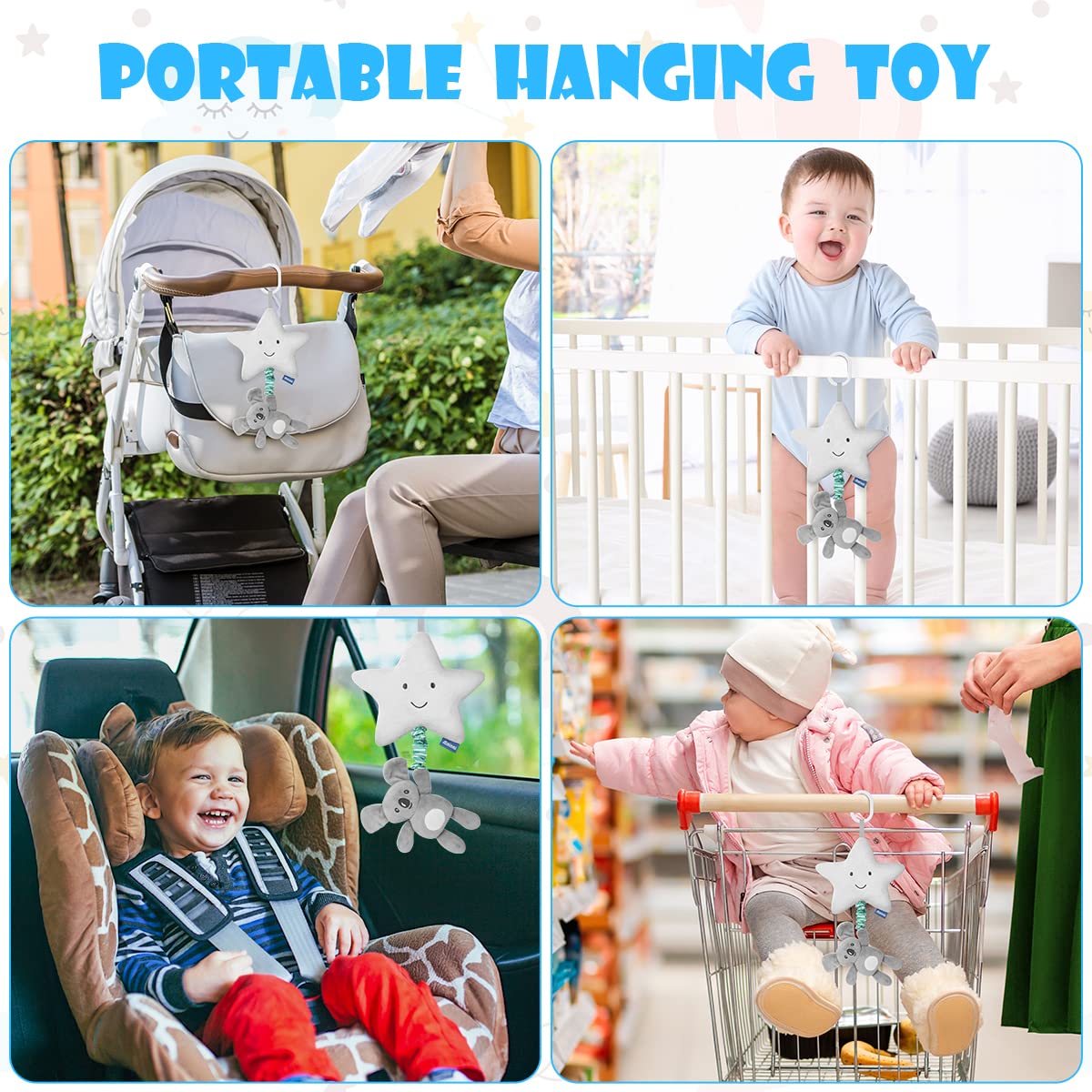 Vicloon baby pram toys, plush soft pushchair activity toys with music, colorful and interactive for infants.