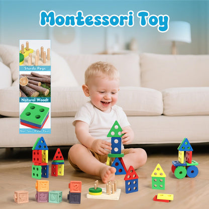 LearnToy Baby Toys 1 2 3 Years, Montessori 7-in-1 Activity Set - Stacking Blocks, Infant Teething Toy & Sensory Bin, Baby Boys & Girls Gifts
