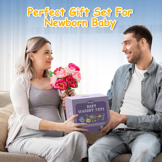 Joyreal baby sensory toys set with musical caterpillar, rattles, and ribbons for newborns 0-6 months.