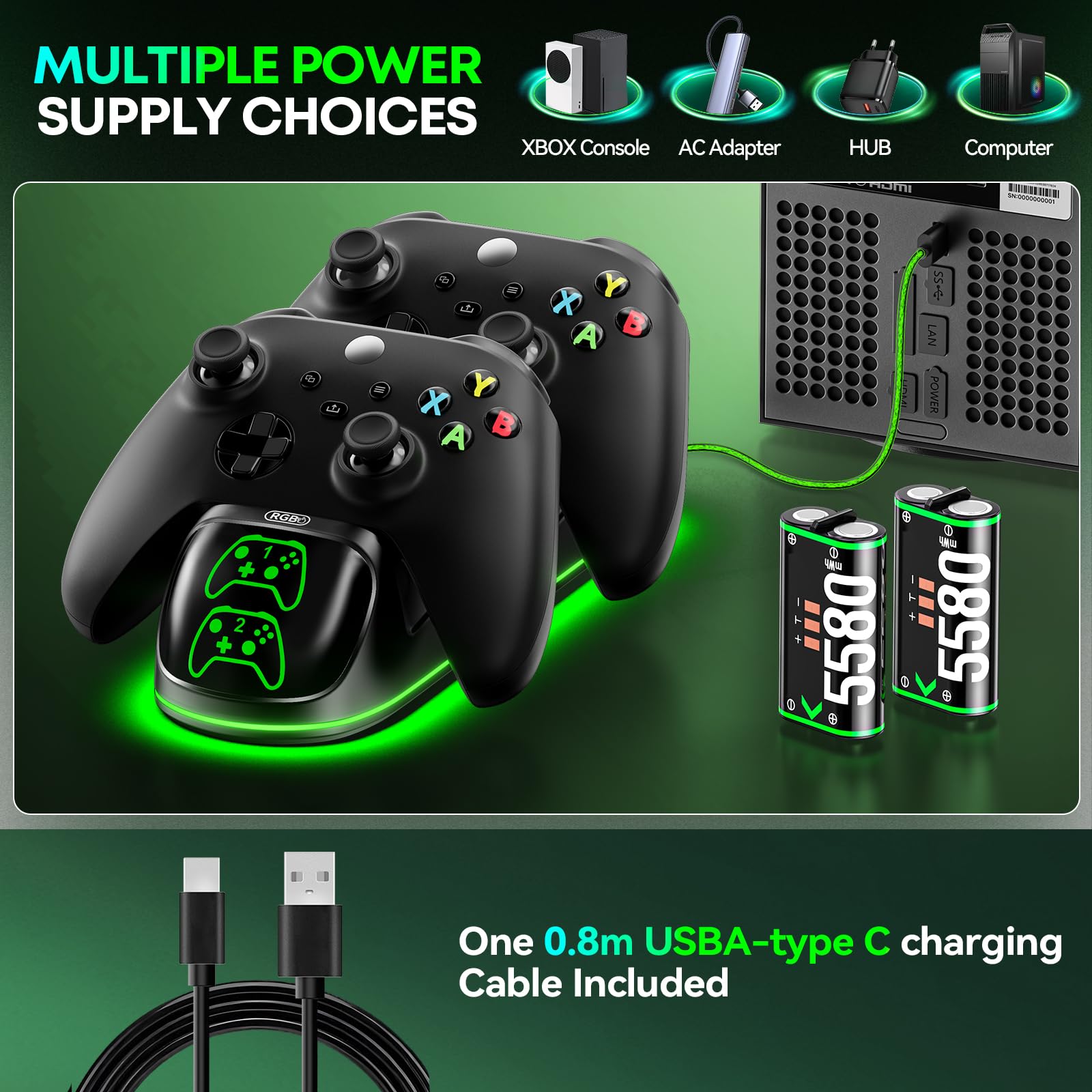 OIVO Xbox controller charging dock with two rechargeable 5580mWh battery packs for Xbox One and Series X/S controllers.